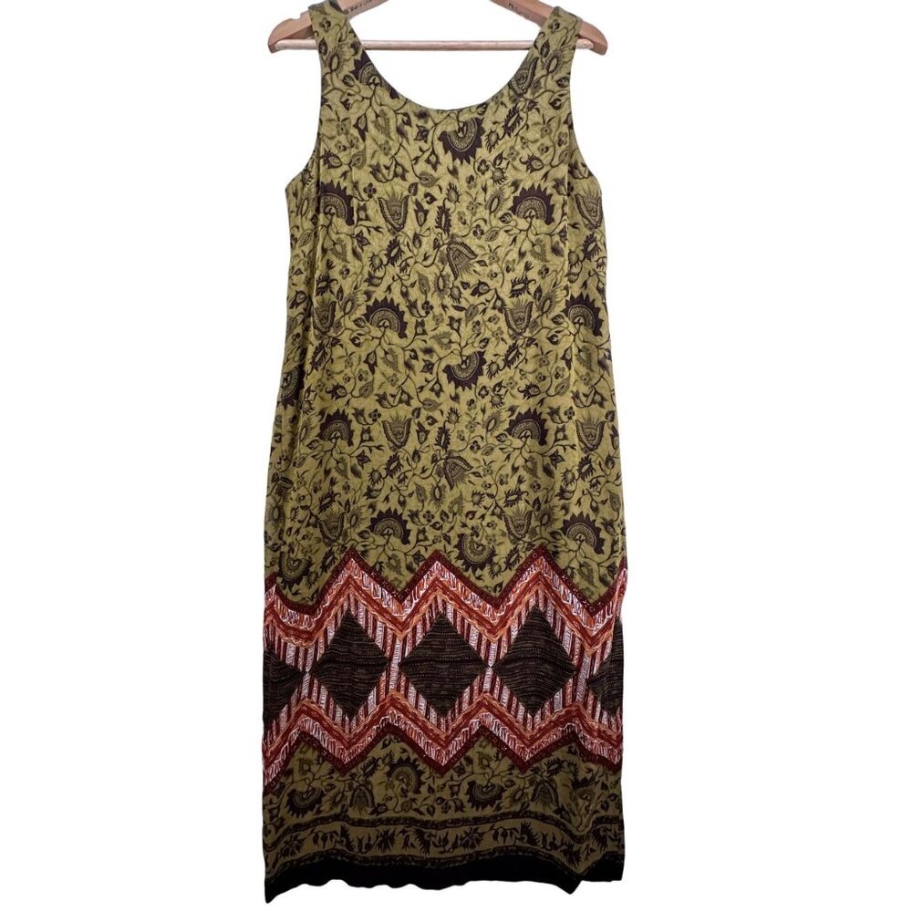 Vintage RJ Collection Dress Sz 12 Olive Green Brown Maxi Floral Boho FairyGrunge